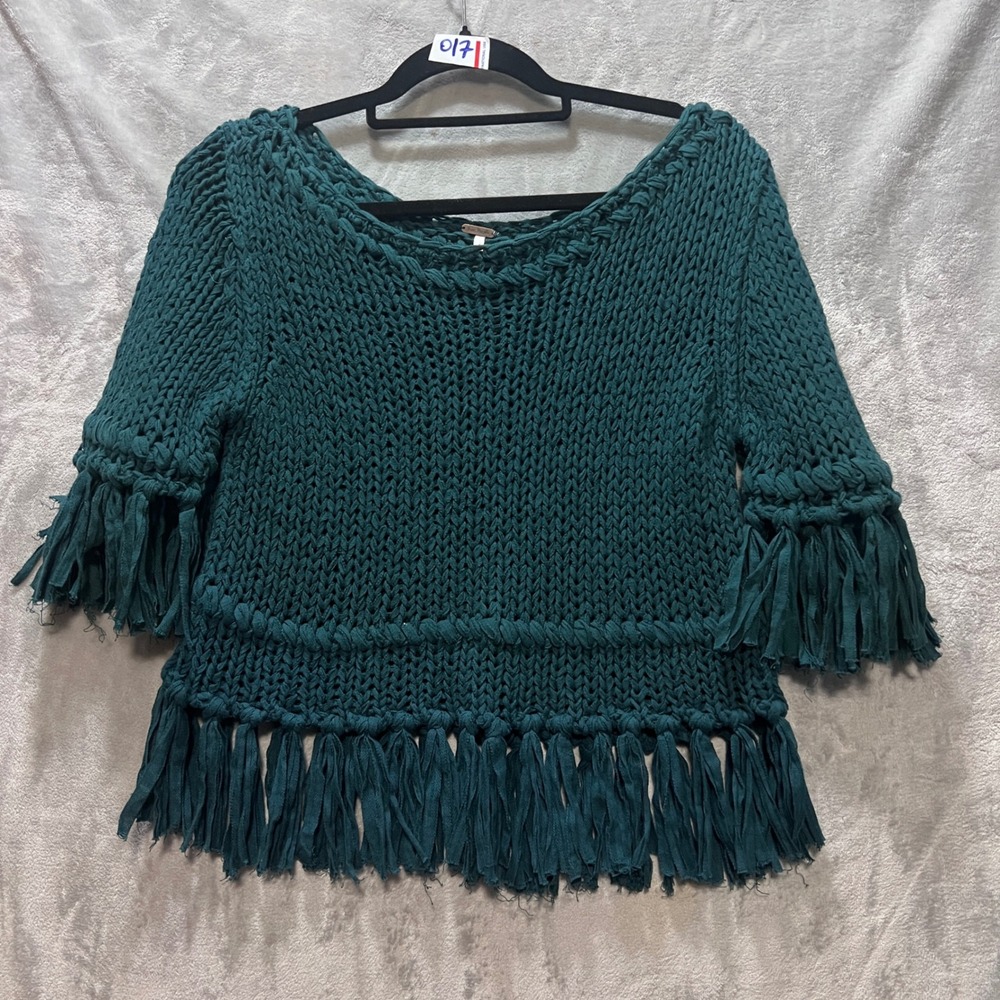 Free People Boho Teal Green Chunky Knit Fringe Sweater Boho Scoop Neck Size S - Picture 3 of 7